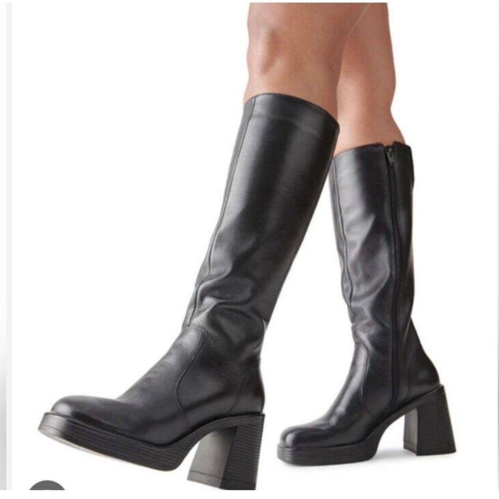 Steve Madden Black Leather Knee-High Block Heel Boots